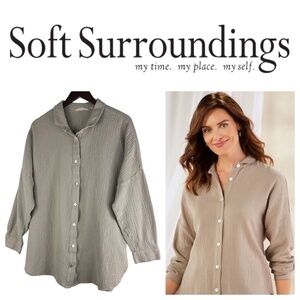 Soft Surroundings Sz XL Oversize Shirt Button Down Tunic Top Gauze Tan Brown